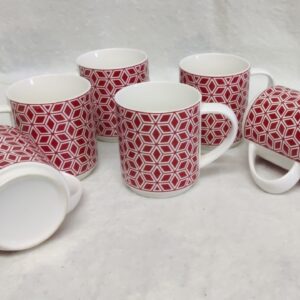 Boussac Brocante - 6 tasses en blanc et rouge motif diamant - Lot 1